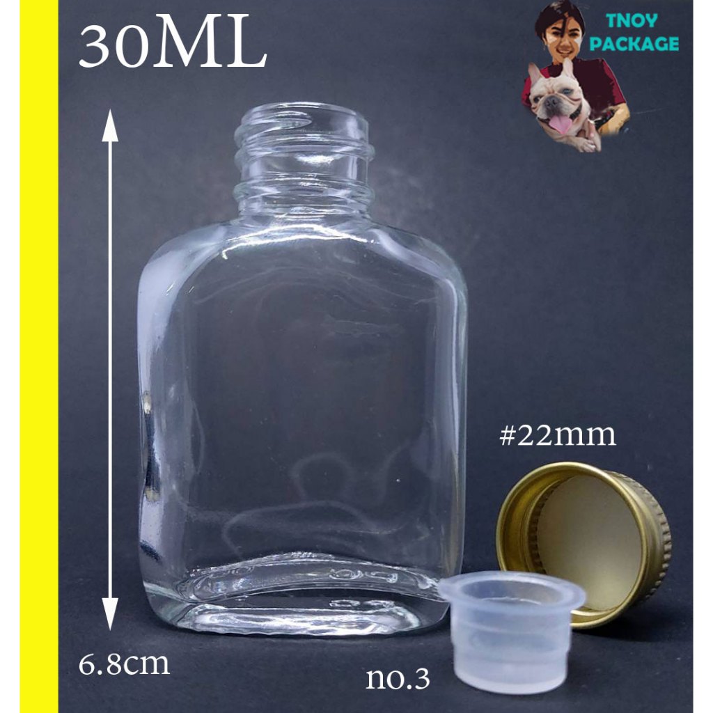 ขวด 30 มล. (25ใบ) ขวดแบน 30ml ขวดแก้วใส 30cc จุกปิดno.3+ฝา