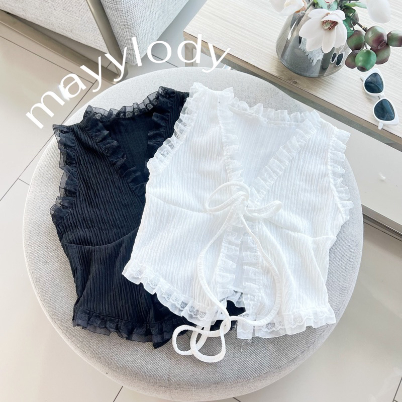 mayylody เสื้อครอป ผูกหน้าแขนกุดแต่งระบายลูกไม้ทั้งตัว สวยหรูดูแพงมาก (***อกถึง -40นิ้ว) ผ้าท็อฟฟี่ยืดหยุ่นเยอะจร้าา