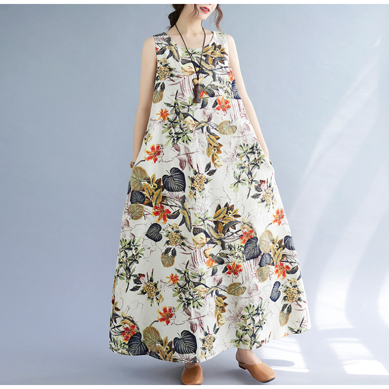 PPPfashion เดรสผ้าพิมพ์ลาย ผู้หญิง กระโปรงยาว แขนกุด เดรสสวย ใส่สบาย