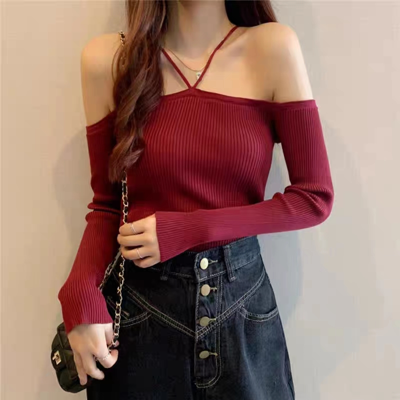 Chemisegrace 11201-1✨พร้อมส่ง✨เสื้อยืดแขนยาว ผ้าถัก ปาดไหล่ สายคล้องคอ เกาหลีมาก เซ็กซี่ๆ หลากสี