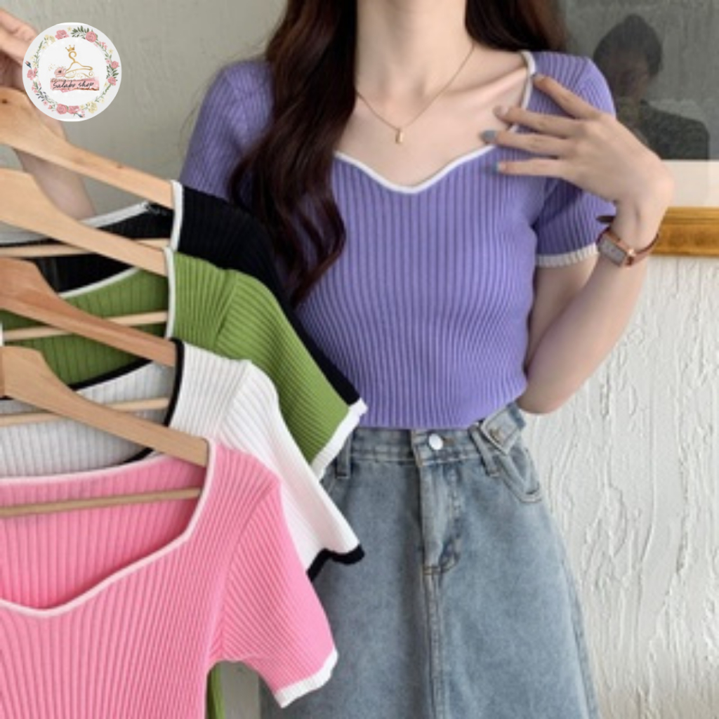 SALABO(พร้อมส่ง)🧁เสื้อไหมพรมแขนสั้น แต่งดีเทลคอไม่ซ้ำใคร สีโทนหวาน สไตล์เกาหลี 🧁#A18