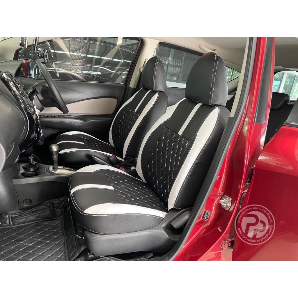 ชุดหุ้มเบาะเข้ารูป nissan note  ลาย 5 d สี ดำขอบขาว หุ้มเบาะพีพีออโต้สปอร์ต