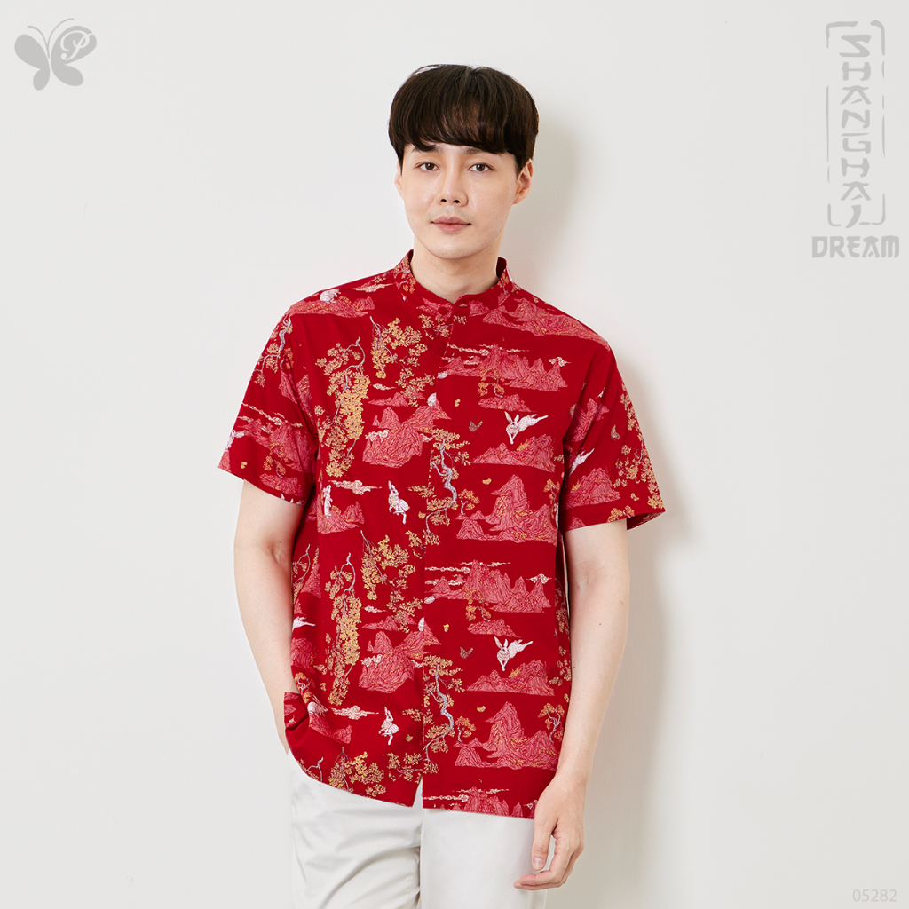 เสื้อคอจีนผู้ชาย [Papillon] Men Shanghai Dream Shirt - Legend of the Moon ลายกระต่าย & ใบแปะก๊วย ผ้า Cotton 100%
