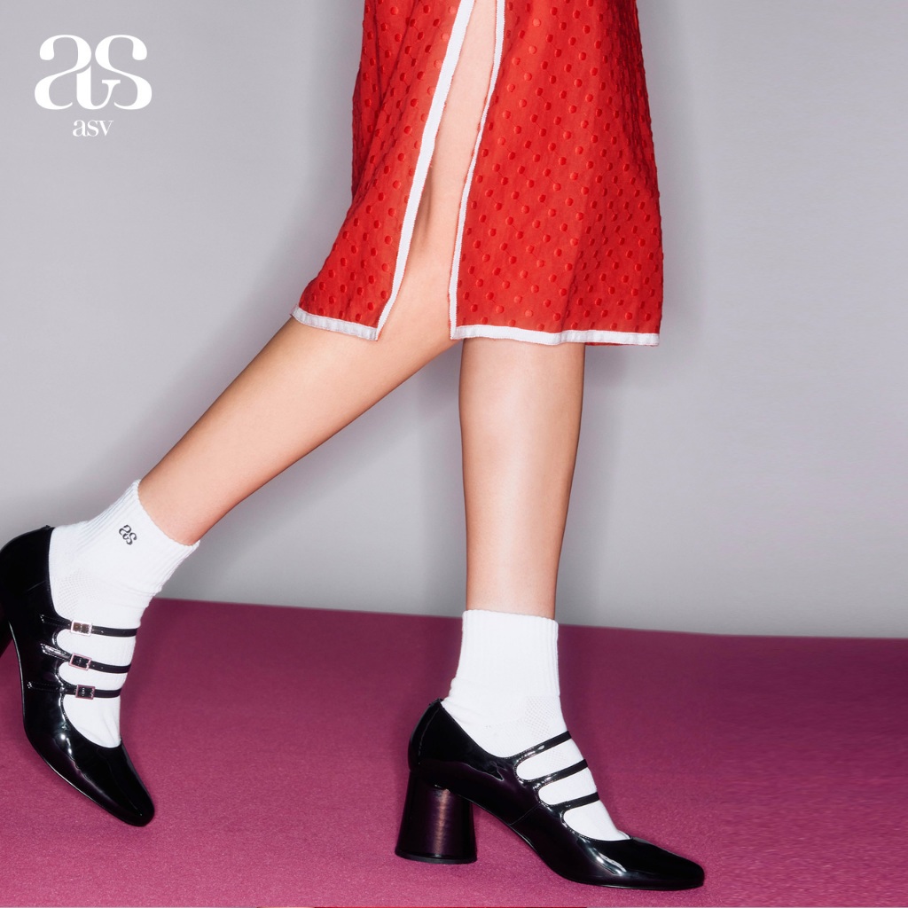 [asv rs24] Merely Pencil Dress เดรสผู้หญิง คอวี แขนสั้นพอง คอแต่งโบว์และเทปปีเก้ ผ้าคอตตอนปักลายจุด - รูปที่ 5