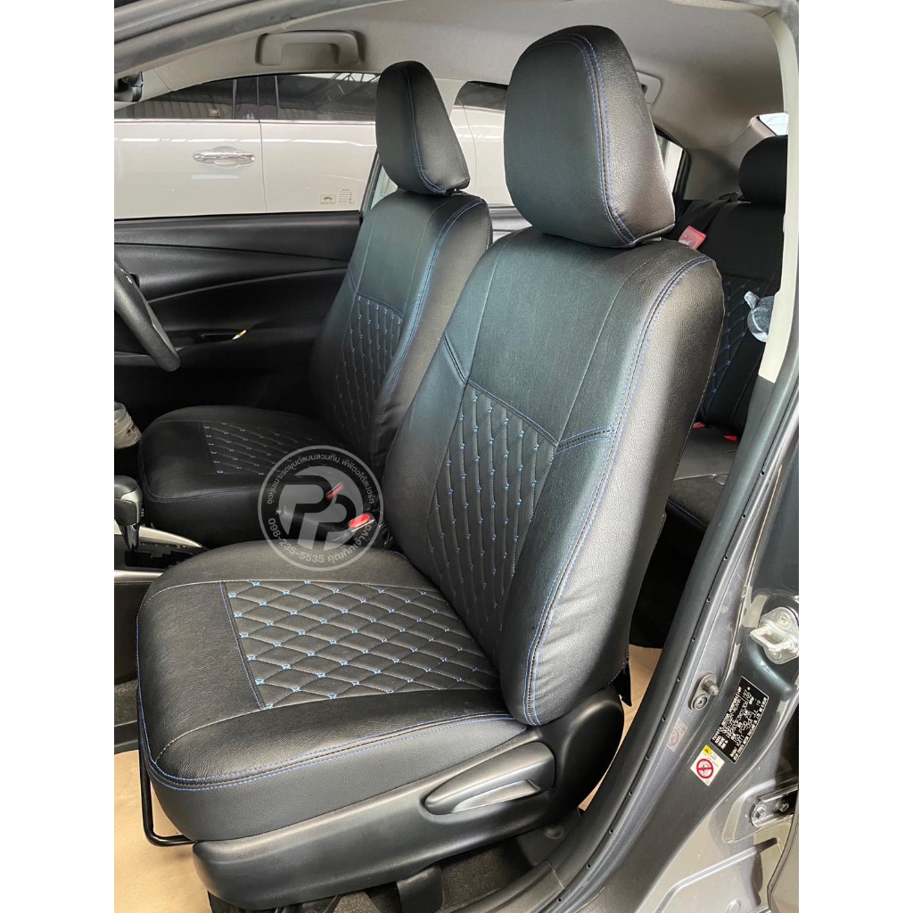 หุ้มเบาะสวมทับตรงรุ่น toyota yaris 2014-2022 ลาย 5 D สีดำด้ายน้ำเงิน โรงงานหุ้มเบาะพีพีออโต้สปอร์ต
