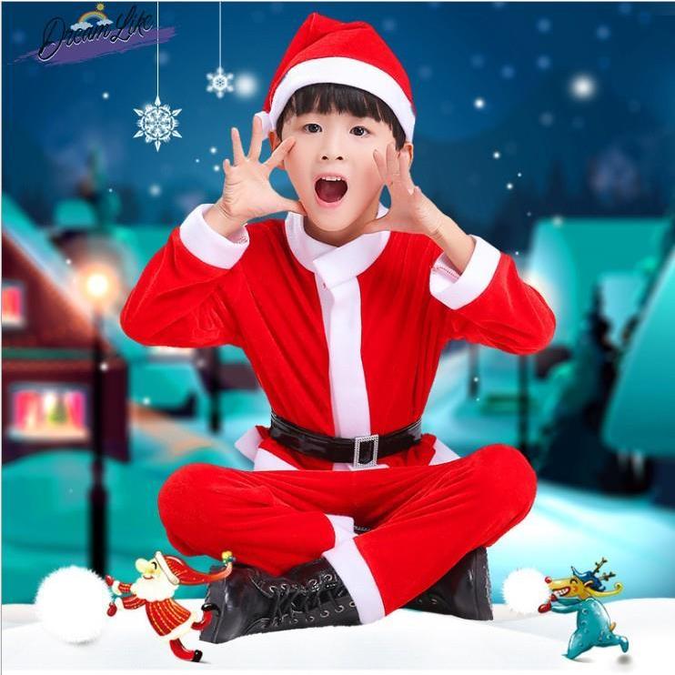 ကလေးလေးတွေ့ Christmas ဝတ်စုံ (Santa Claus) ယောက်ျားလေး—အင်္ကျီ+ဘောင်းဘီ+ခါးပတ်+ဦးထုပ် (Velvet)