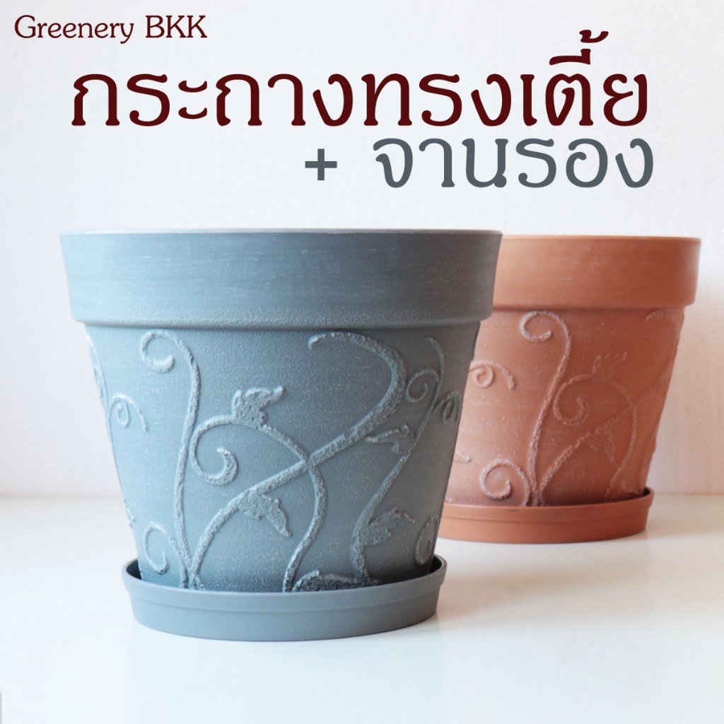 กระถางทรงเตี้ย รุ่น IVY ขนาด 8 นิ้ว 10 นิ้ว และ 12 นิ้ว สวยงามขัดลาย รุ่นนี้แข็งแรง มาพร้อมจานรองทุกใบ