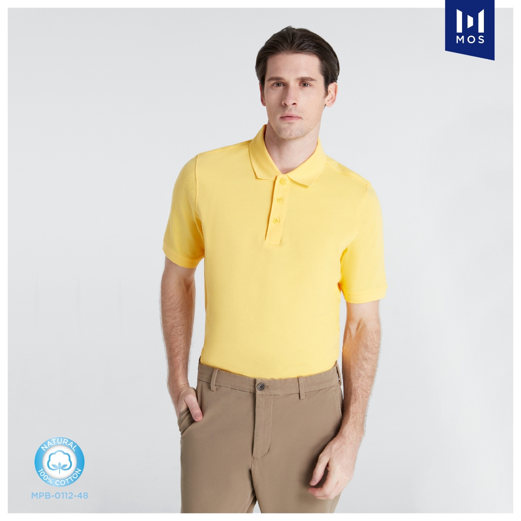 MOS เสื้อโปโลชาย ผ้าคอตตอน 100% รุ่น MPB-0112 สีสดใส ใส่สบาย ระบายอากาศดี (ส้ม/เหลือง/ม่วงองุ่น)