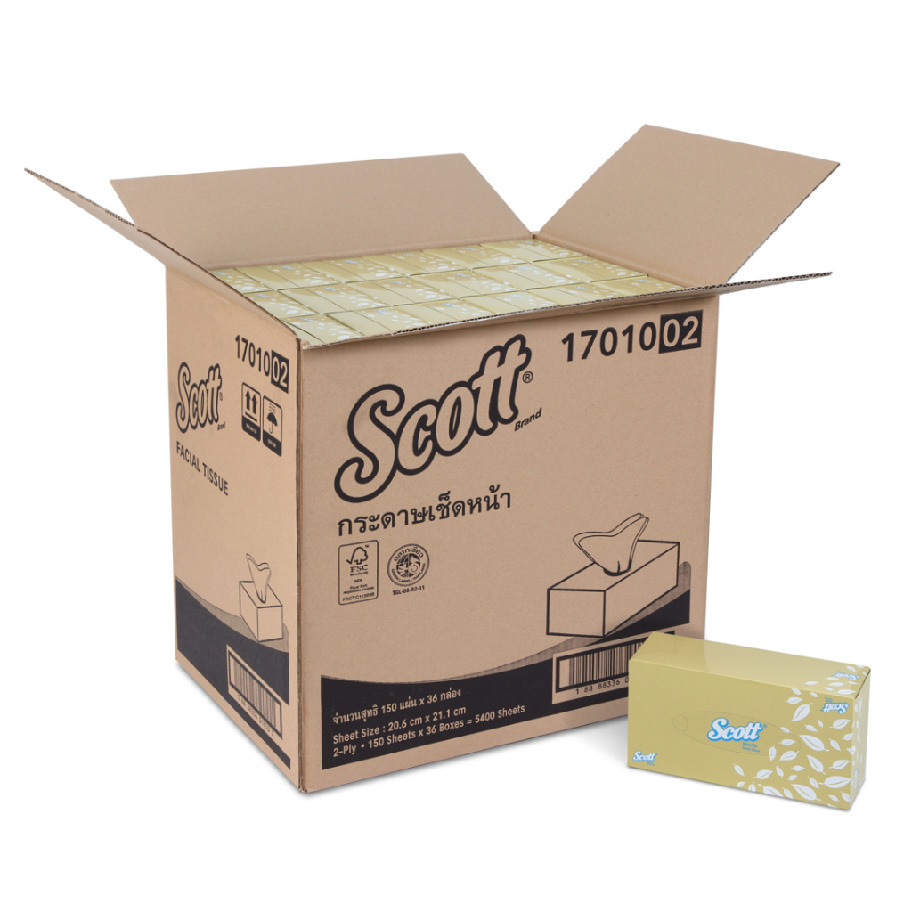 SCOTT กระดาษเช็ดหน้าสก๊อตต์ รหัสสินค้า 17010 สินค้าคิมเบอร์ลี่ย์-คล๊าค โปรเฟสชั่นแนล ขนาดแผ่น 20.6 x 21.1 ซม. 36 กล่อง