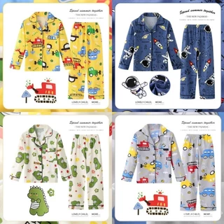 (พร้อมส่ง) ชุดนอนเด็ก 95-150 ซม. คอปก กระดุมหน้า ลายการ์ตูน ชุดนอนเด็กผู้ชาย ชุดนอนเด็กโต