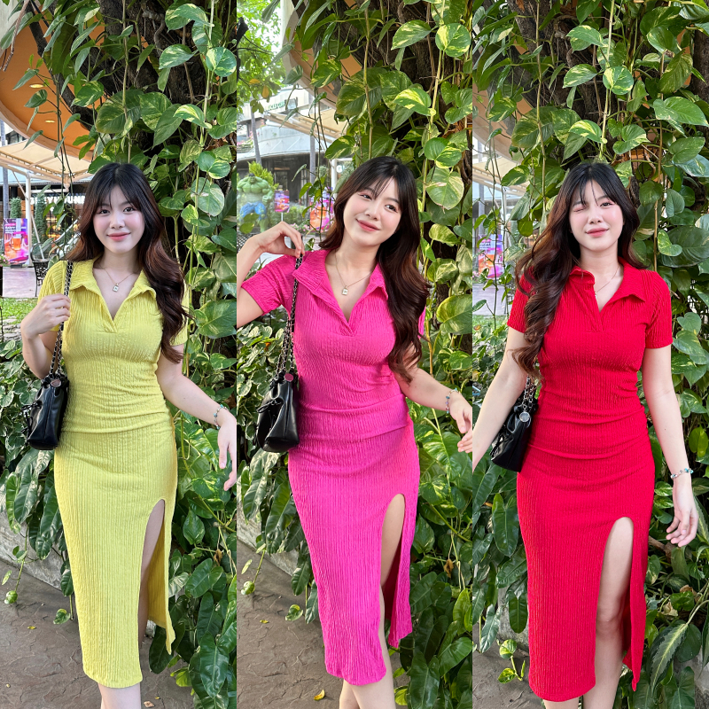 🌈SpinnyHouse🌈แม๊กซี่เดรส ผ้าเปลือกไม้ สาวอวบใส่ได้ 💖 ทรงคือดีม้าก  คอปกโปโล รุ่น เดรสอารยา B-007-1-A