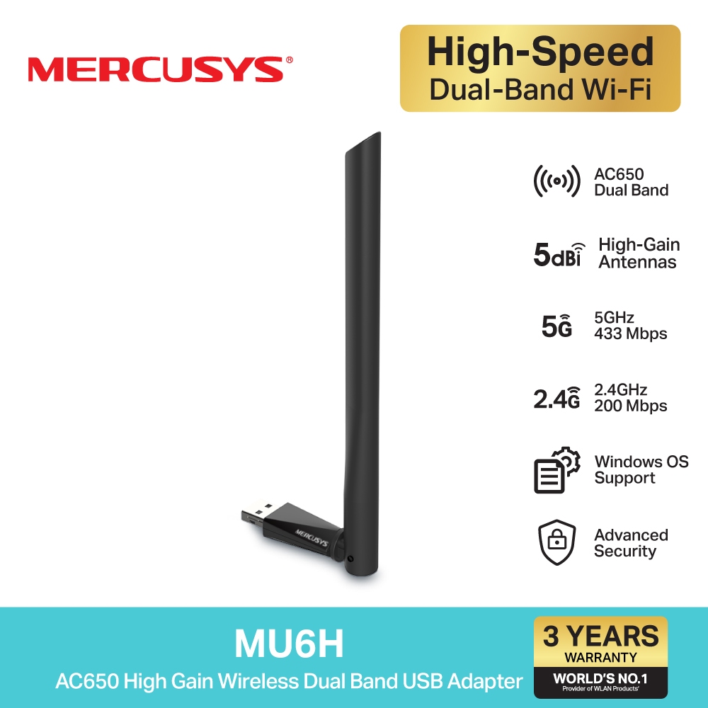 Mercusys MU6H AC650 High Gain Wireless Dual Band USB Adapter
