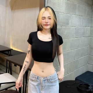🌈SpinnyHouse🌈เสื้อครอปแขนสั้น ทรงคอเหลี่ยม สาวอวบใส่ได้ 🥧เบสิคครอปสุด ผ้าเรย่อนยืดเยอะ ทรงนี้คือฮิตม้าก รุ่น นิตยา