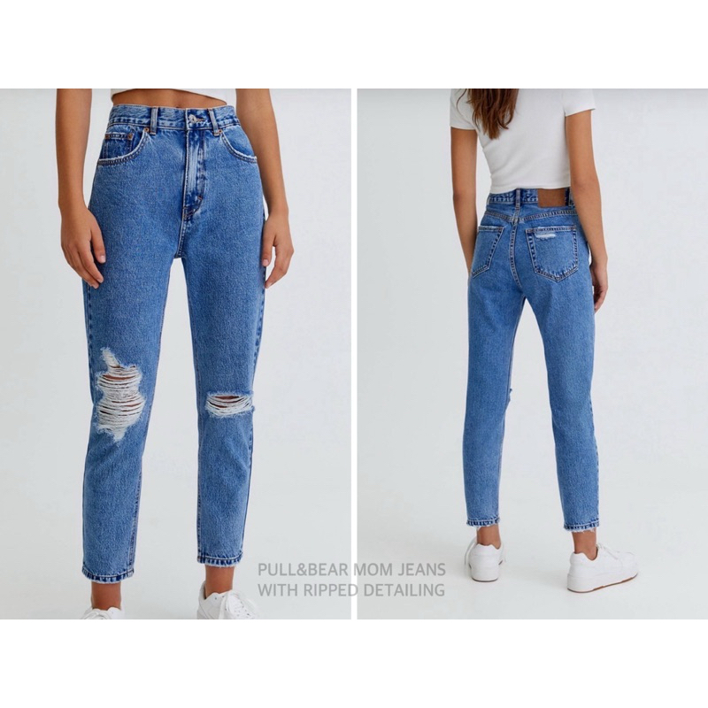 PULL&BEAR กางเกงยีนส์ ทรงกระบอกหลวม MOM JEANS WITH RIPPED DETAILING