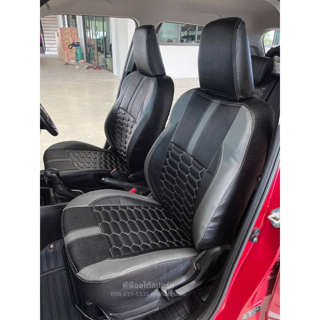 หุ้มเบาะสวมทับตรงรุ่น suzuki swift 2018-2024 ลายสปอร์ต สีดำด้ายขาวขอบเทาเข้ม