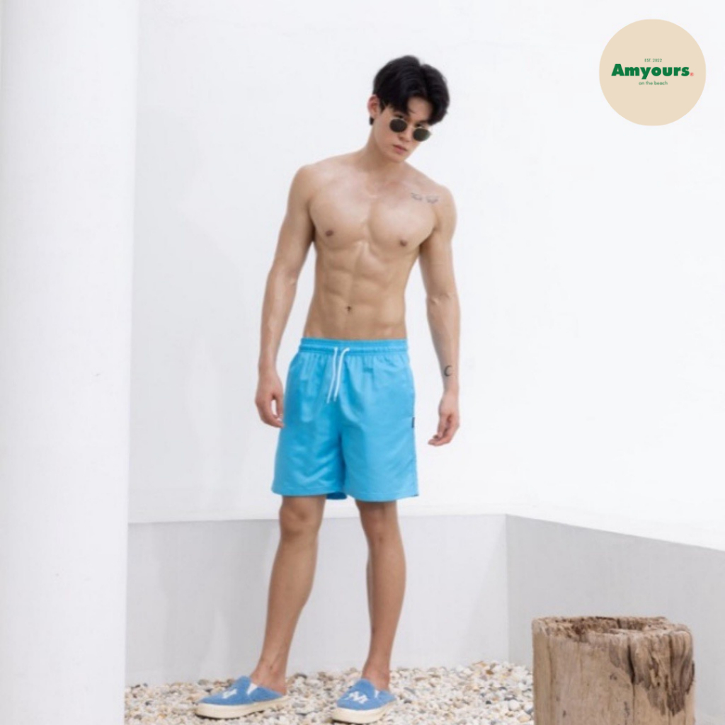 amyours on the beach กางเกงขาสั้นชาย คุณภาพดี ว่ายน้ำ เดินชายหาด รุ่น Men's Summer ลาย Cyan Blue