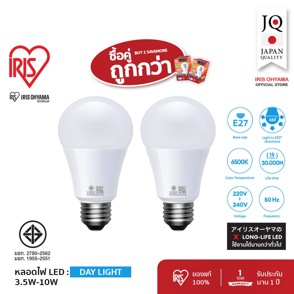 IRIS OHYAMA หลอดไฟ LED bulb Daylight ไฟ LED 6500K ขั้ว E27 3.5W 4.5W 6W 7W 10W ใช้ได้นาน15 ปี (30,00