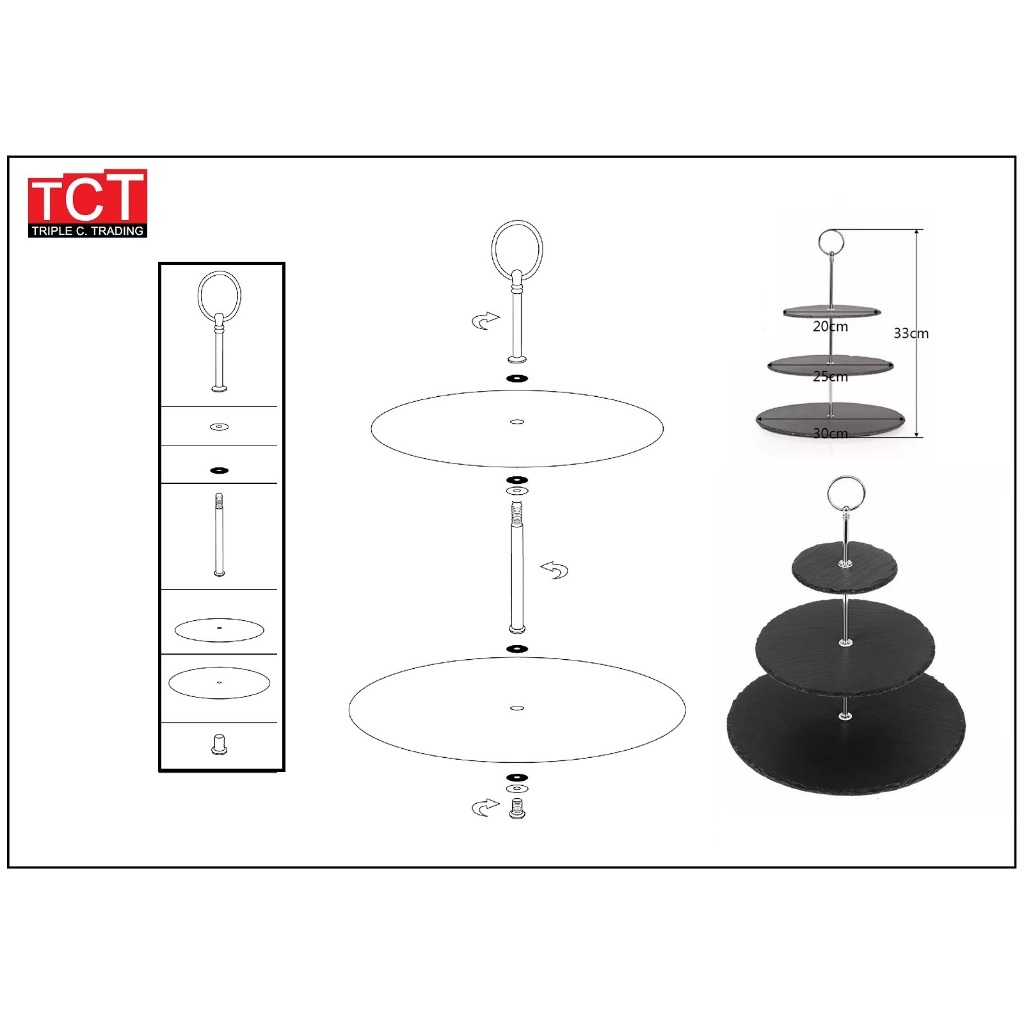 ชุดขาตั้งพร้อมแผ่นหิน 2และ 3 ชั้นทรงกลม สำหรับวางอาหาร ชั้นวางเค้ก ถาดหินวางอาหาร ที่โชว์อาหาร 2/3-Tier Stand Slate - รูปที่ 4