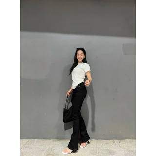 ยีนส์ WANWI Code.W19 กางเกงยีนส์ขาม้าเล็กเอวสูงผ้ายืดสีดำสนิท