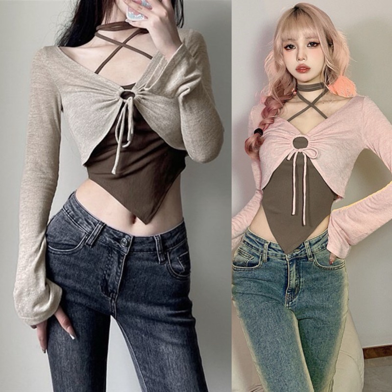 [A3]พร้อมส่งในไทย (น้ำตาล/ชมพู)เซ็ตเสื้อสายเดี่ยวสีน้ำตาลพันคอ เสื้อคลุมแขนยาวรูดเชือด้านหน้า