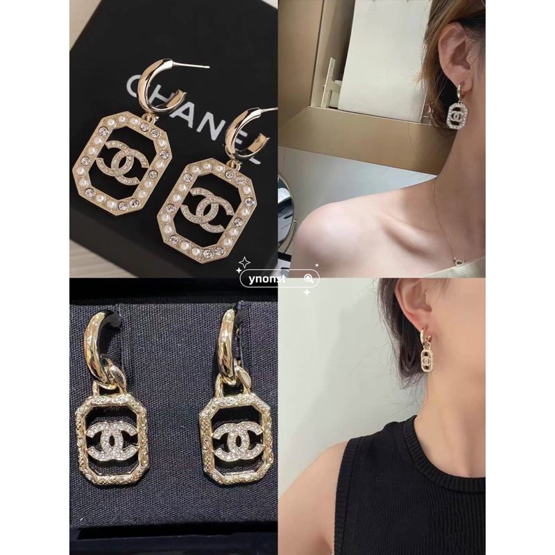 💯  ของแท้ CHANEL 23 ใหม่รอบห่วงทองสแควร์กลวงออก Rhinestone เพิร์ลต่างหู