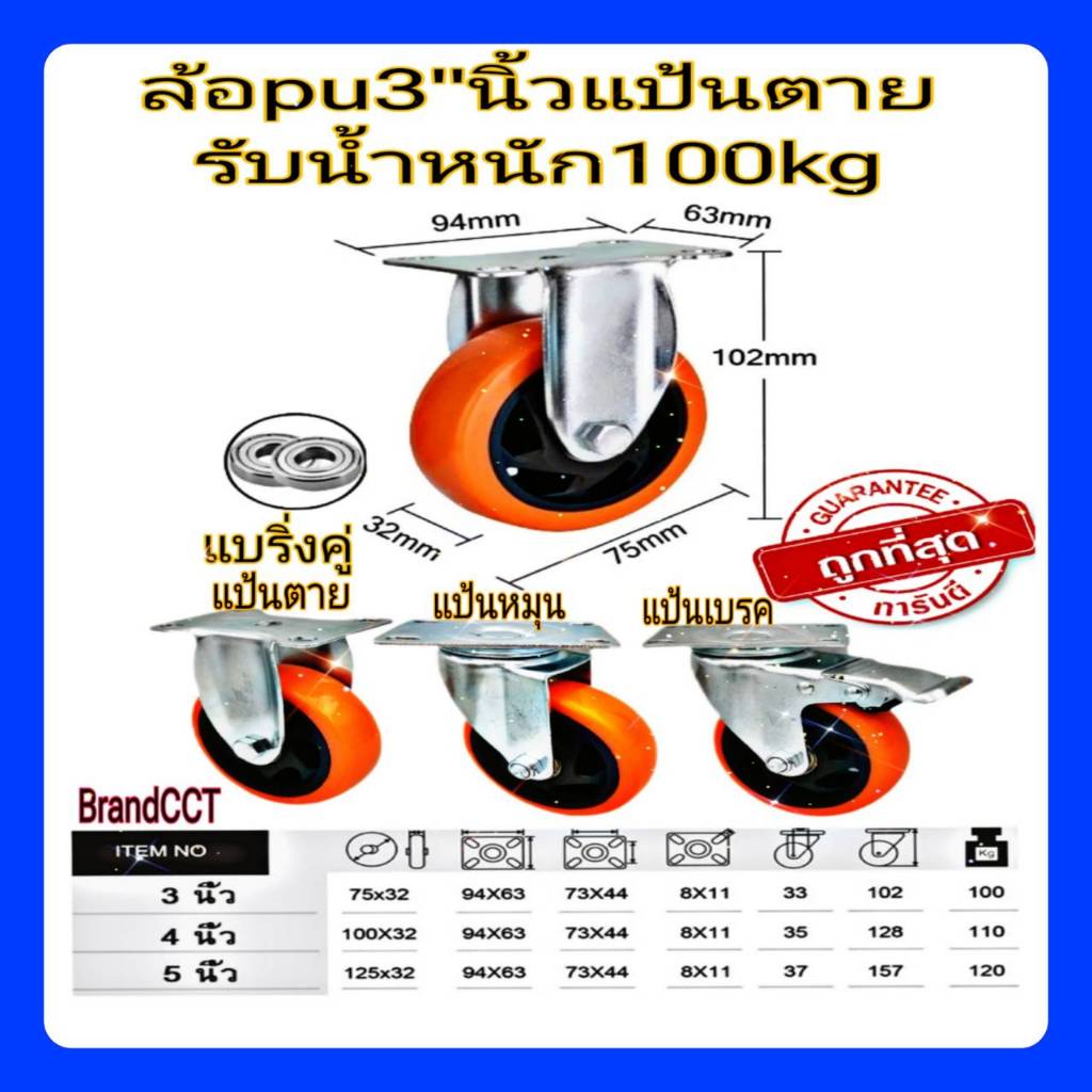 ล้อpuส้ม 3นิ้ว แป้นตาย แป้นหมุน แป้นเบรค