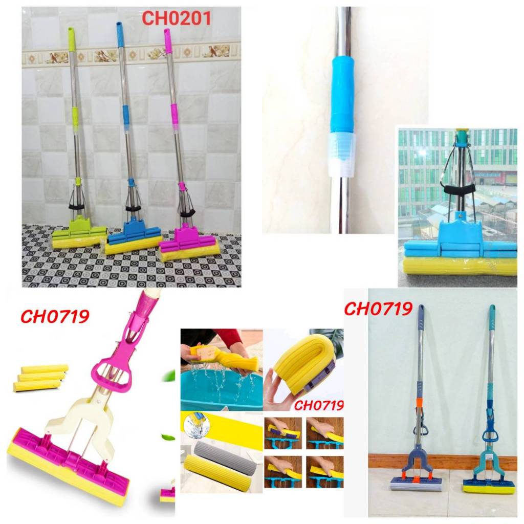 ไม้ม็อบ ฟองน้ำ ด้ามสแตนเลสและพลาสติก ไม้ถูพื้นแบบรีดน้ำ  CH0201