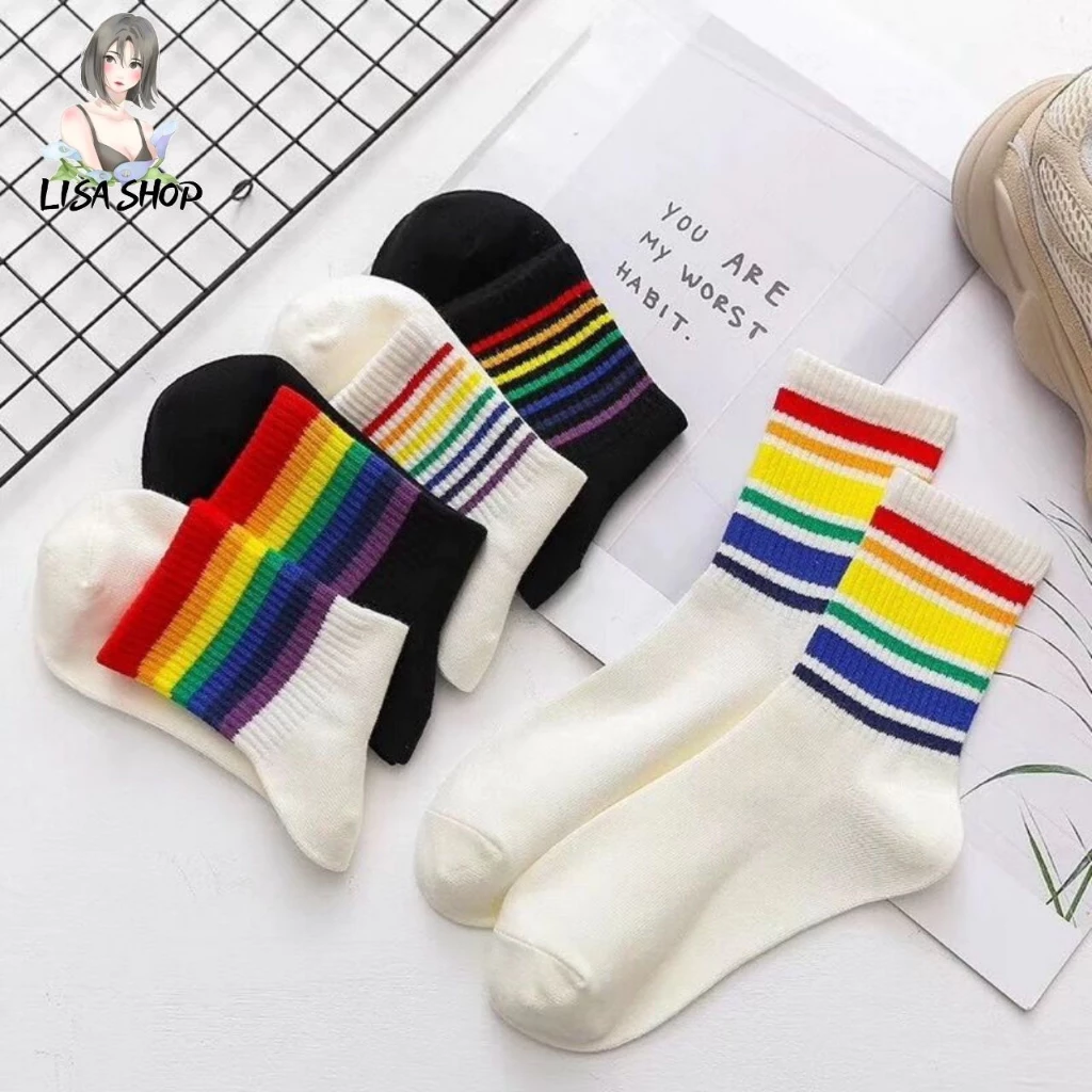 ถุงเท้าแฟชั่น ข้อกลาง คาดแถบสีรุ้ง ถุงเท้าวินเทจสายรุ้ง 🌈 Rainbow socks พร้อมส่ง S24