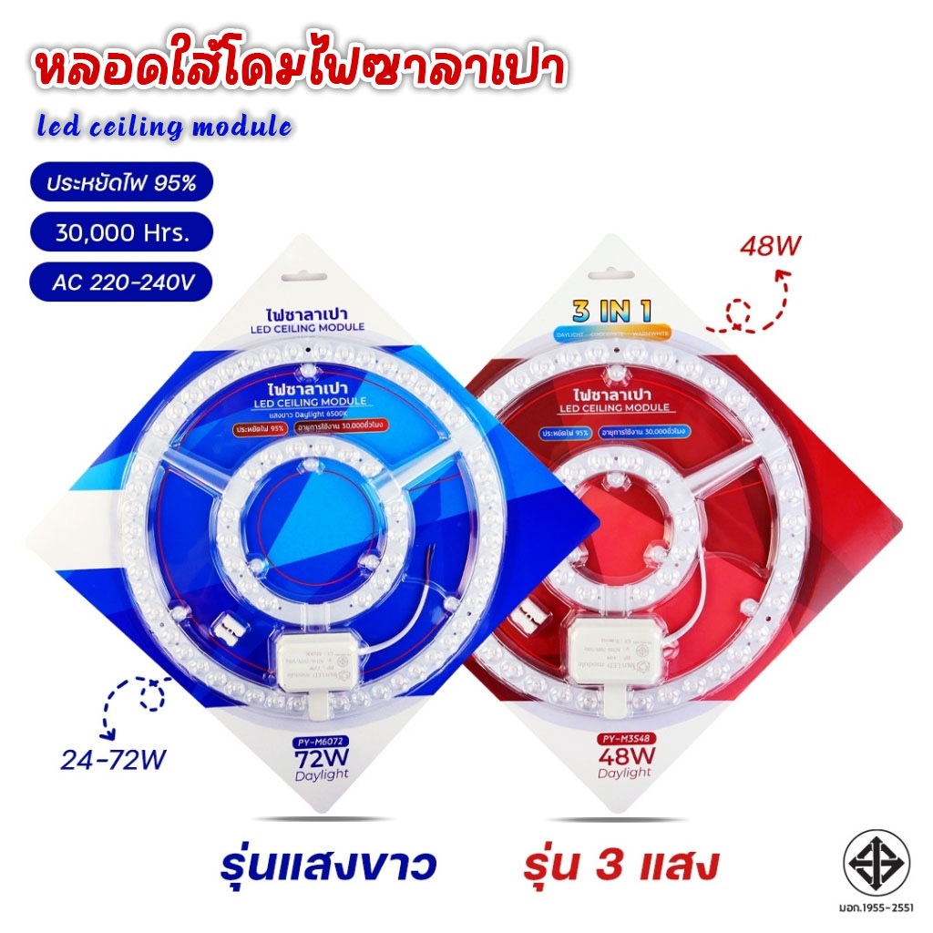 ไฟ LED โคมไฟเพดาน โคมไฟซาลาเปา ให้แสงสว่าง แสงขาว และ ไฟ 3 แสง ขนาด 24/36/48/72 วัตต์