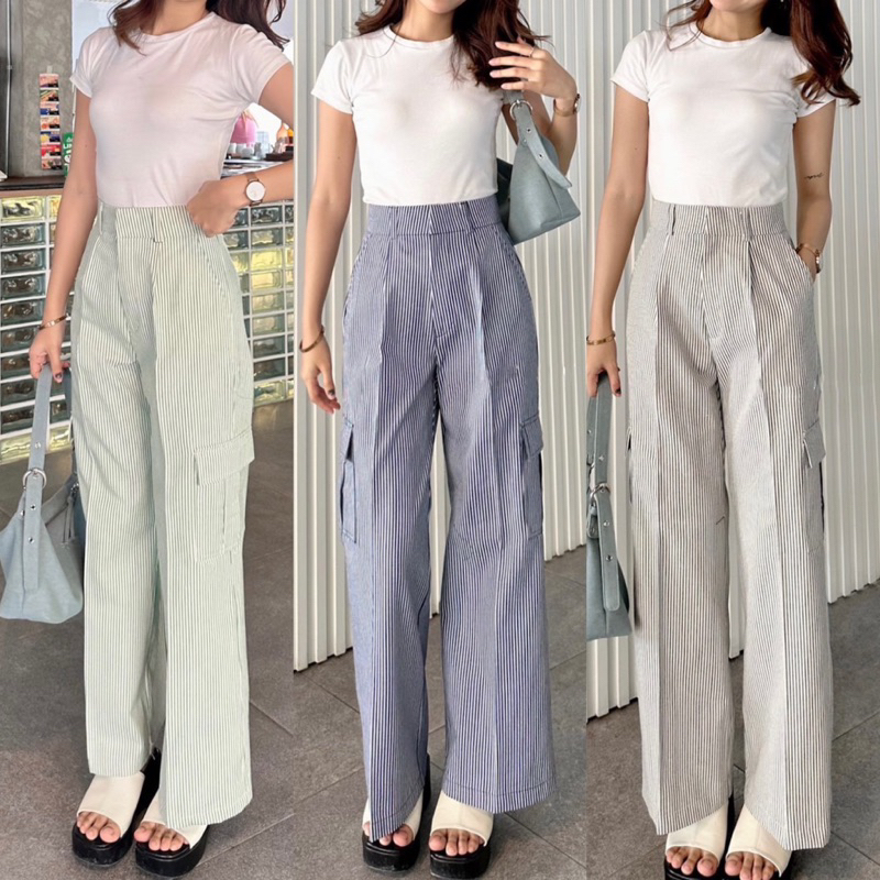 [13]LauraShop กางเกงกระบอกคาร์โก้ลายริ้ว ที่น่ารักที่สุดในโลก