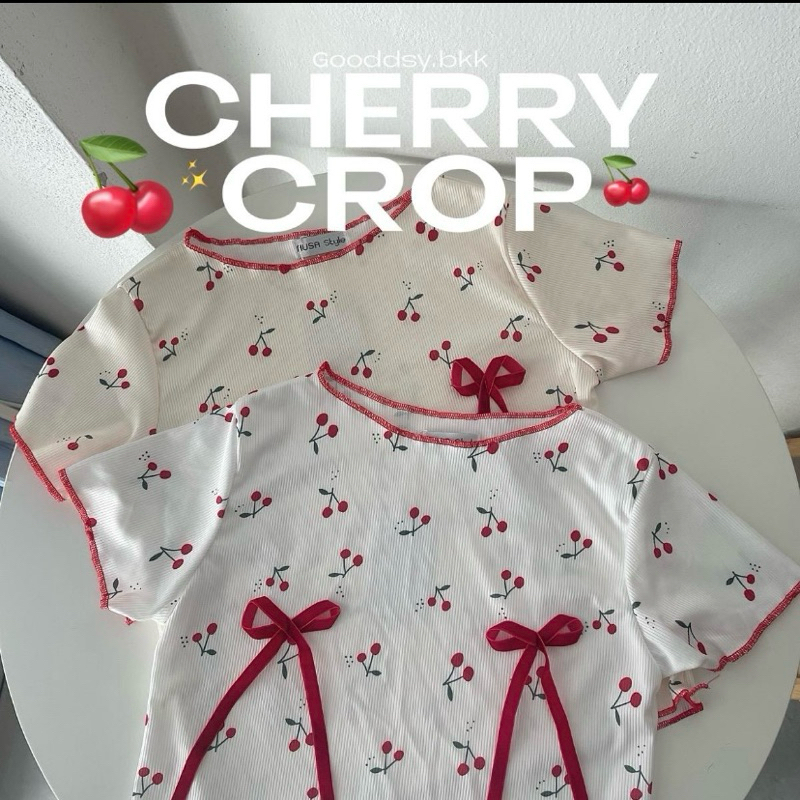 Cherry crop เสื้อครอปลายเชอร์รี่ ดีเทลแต่งโบว์แสนจะน่ารัก | Gooddsy.bkk