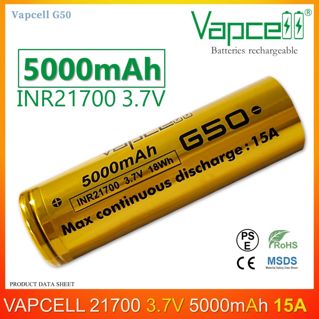 ถ่านชาร์จ Vapcell G50 21700 3.7V 5000mAh 15A สีทอง