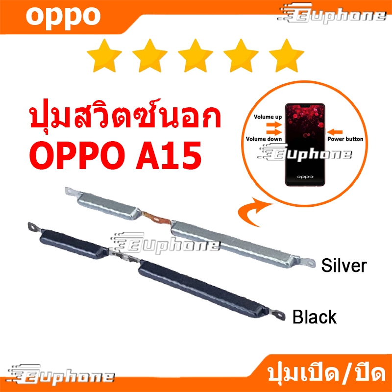 ปุ่มกดสวิทช์ด้านนอก OPPO A15 ปุ่มเปิดปิด ปรับระดับเสียงขึ้นลง ปุ่มลดเสียง ปุ่มเพิ่มเสียง ON OFF + VOLUME BUTTON