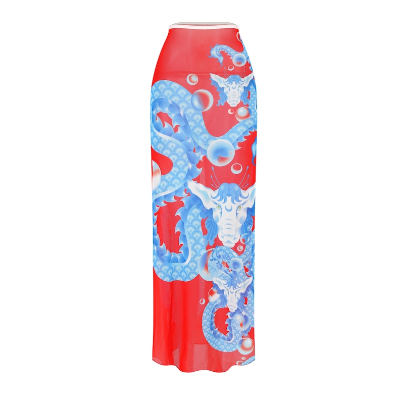 BLACKDOG BKK - Lunar2404- Dragon skirt - กระโปรงยาวตาข่ายยืดซีทรูพิมพ์ลาย