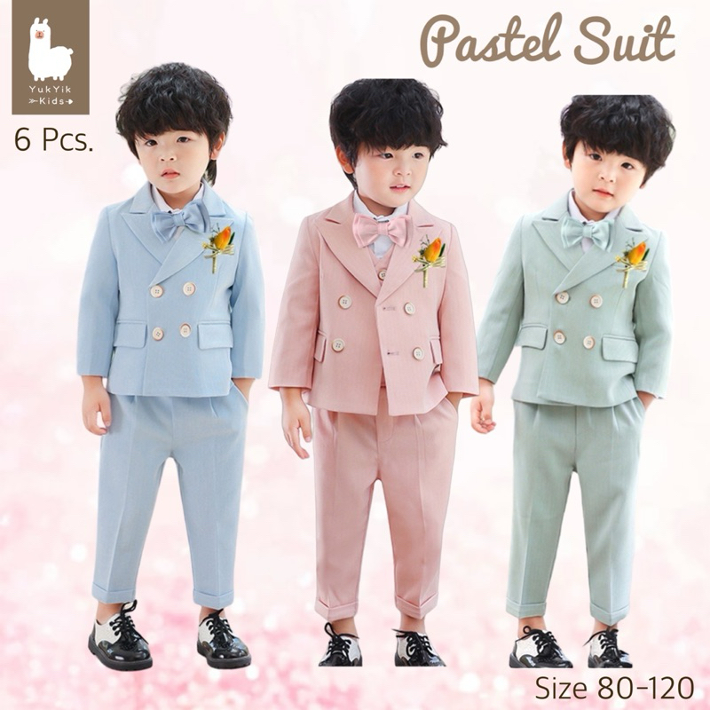 [พร้อมส่ง] Pastel Suit ชุดสูทเด็กชาย น้อง1-8ขวบ เซ็ต6ชิ้น สีชมพู สีเขียว รวมเชิ้ตขาวและกั๊ก