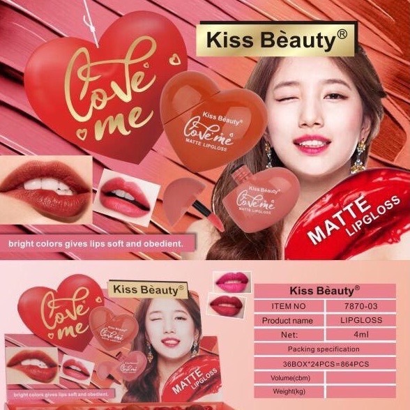7870-03 ราคาส่งยกกล่อง 24 ชิ้น มี 6 เบอร์ ลิปจุ่ม คิส บิวตี้ รูปหัวใจ kiss beauty เนื้อแมท beauty