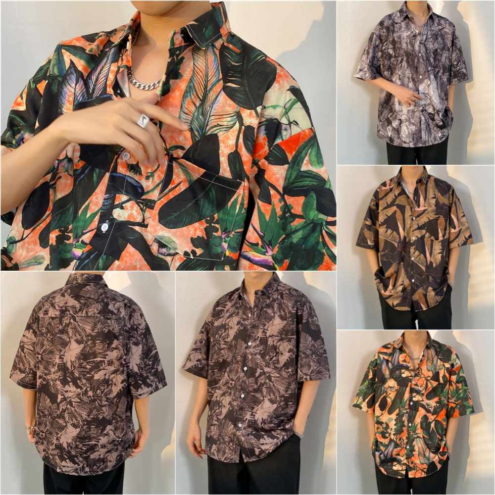 เสื้อเชิ้ตลําลองฮาวายสไตล์เกาหลีสําหรับผู้ชาย WMA1101 ทรงหลวมคลาสสิก คอปก แขนสั้น ลายใบไม้ M-2XL มี4