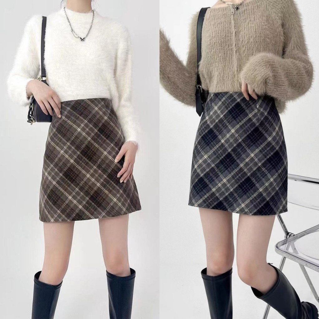 【พร้อมส่ง】 กระโปรงทรงเอลายสก๊อต คุณภาพสูง ทำด้วยผ้าขนสัตว์ เรียงราย ซิปหลัง