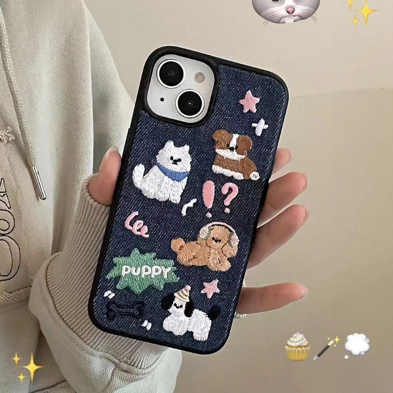 จัดส่งภายใน24ชม การ์ตูน ลูกสุนัข สีกรมท่า ลายผ้ายีนส์ iphone 15 14 pro max ป้องกันการหล่น น่ารัก case for iPhone 12 13