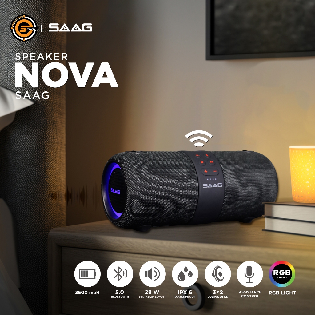 SAAG Bluetooth Speaker Nova ลำโพงบลูทูธ เบสแน่น กันน้ำ ไฟRGB ลำโพงพกพา - 1 ปี