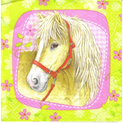 Pladao Napkin ภาพการ์ตูน ม้า Horse ฟาร์ม ขอบดอกไม้ สัตว์ กระดาษ แนพกิ้น สำหรับงานศิลปะ เดคูพาจ decoupage ขนาด L 33x33