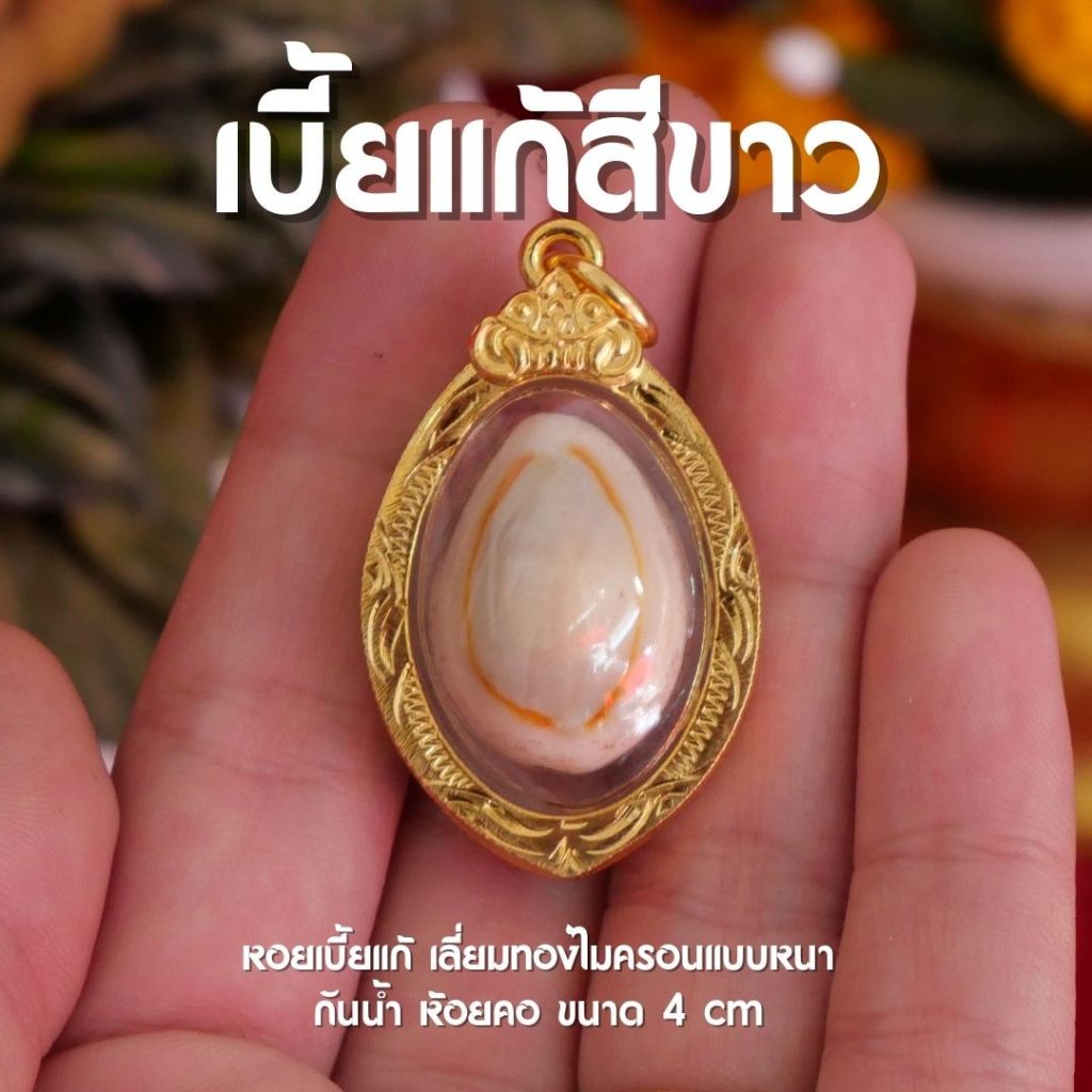 (JA2) จี้เบี้ยแก้ ป้องกันคุณไสยน์และสิ่งไม่ดี เบี้ยแก้ ห้อยคอ สีขาว เลี่ยมทองไมครอน กันน้ำ