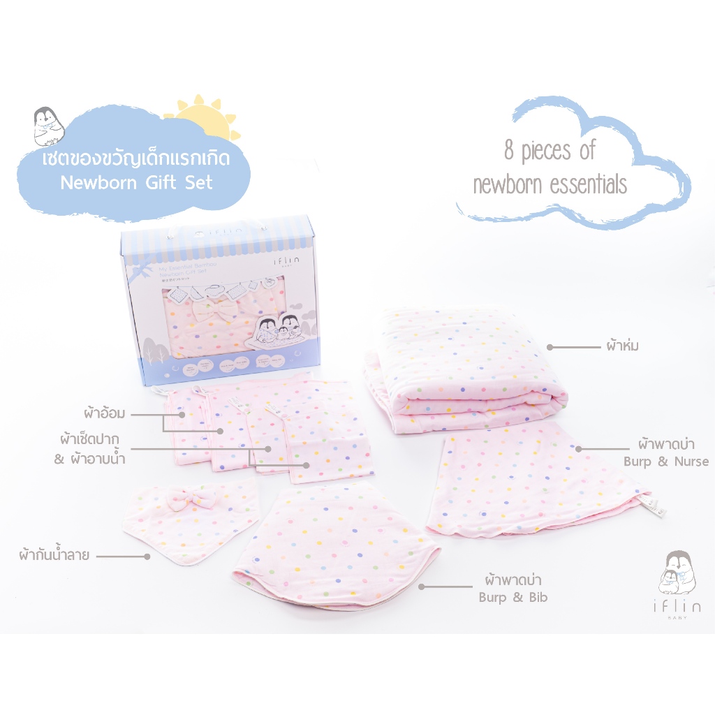 Iflin Baby - เซตของขวัญ เด็กแรกเกิด - My Essential Bamboo Newborn Gift Set  เซต 8 ชิ้น - ของใช้เด็ก ของขวัญ