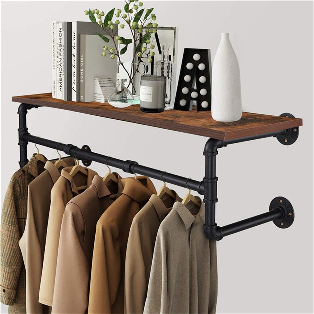 UNHO แร็คอุตสาหกรรมท่ออุตสาหกรรม ชั้นวางเสื้อผ้า พร้อมชั้นวางของ Pipe Clothes Rail Garment Rack with Storage Shelf