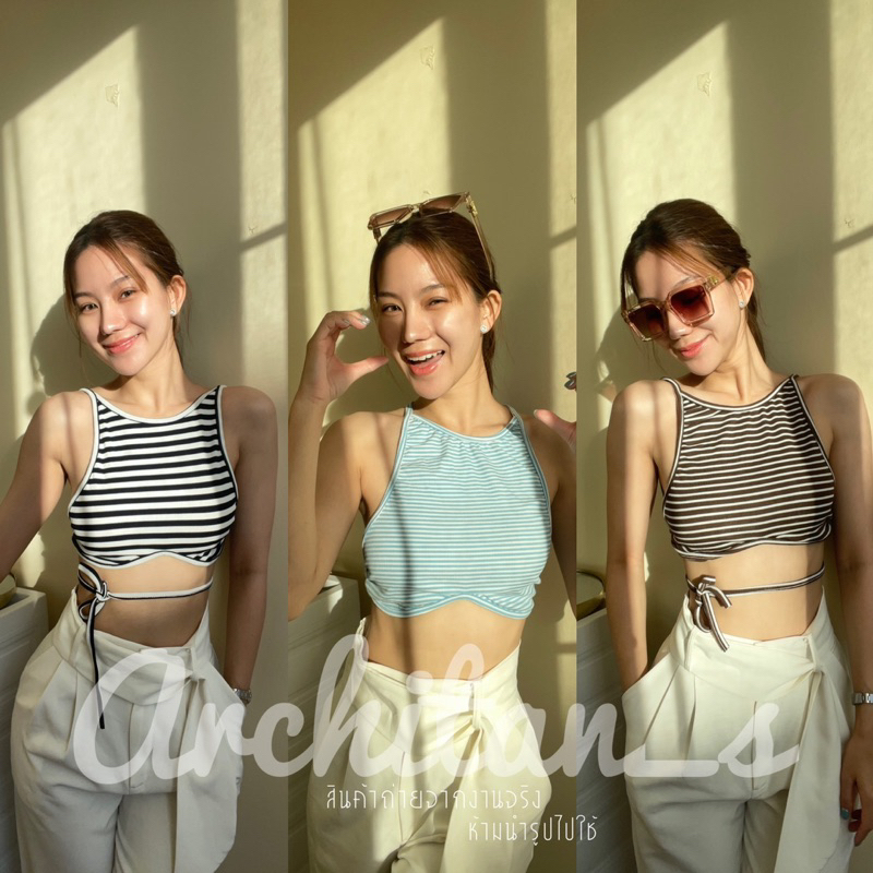 (มีสีใหม่เข้าเพิ่ม) พร้อมส่งในไทย ส่งเร็วมาก เสื้อผูกหลังลายริ้วโชว์หลัง สวยเซ็กซี่ ผ้าร่องนิ่ม