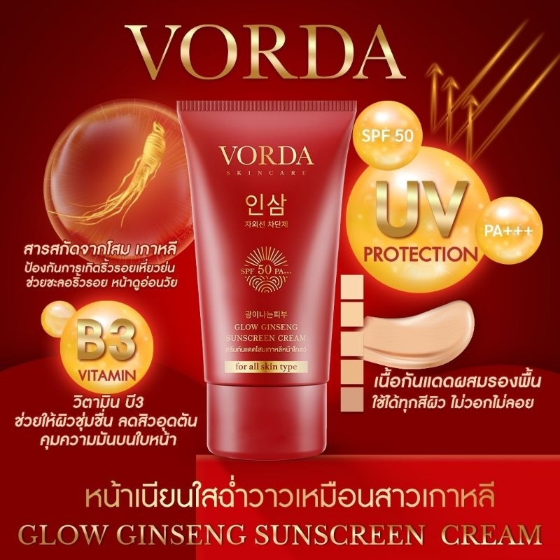 [1 หลอด] Vorda Glow Ginseng Sunscreen Cream (20ml.)ครีมกันแดดโสมเกาหลี หน้าโกลว์