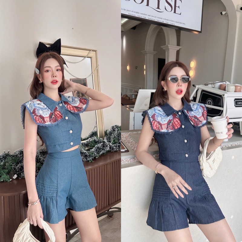 ป้าย B R T เซต2ชิ้นขาสั้นแมวคอปกยีนสีเข้ม