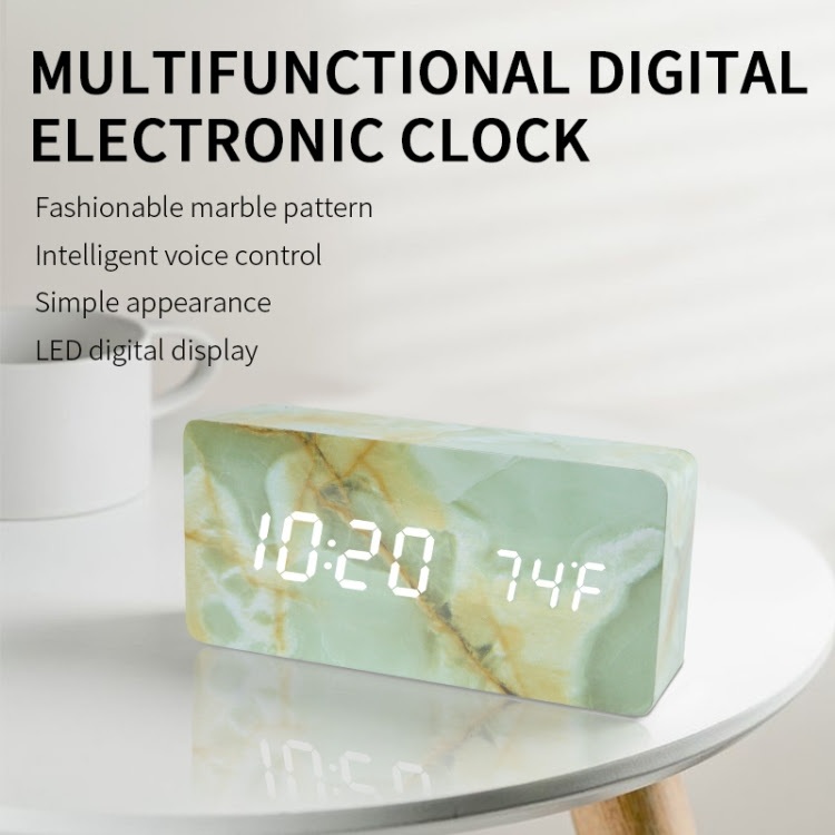 2024 Led ไม้รูปแบบหินอ่อนนาฬิกาไม้นาฬิกาอุณหภูมิ Creative Digital Clock การควบคุมเสียงอิเล็กทรอนิกส์นาฬิกาปลุก1299
