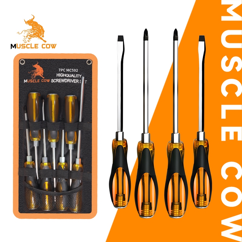 MUSCLE COW ชุดไขควงตอก 7ชิ้น เหล็ก CR-V ท้ายตอกได้ หัวแม่เหล็ก ชุดไขควง ไขควง ไขควงด้ามทะลุ