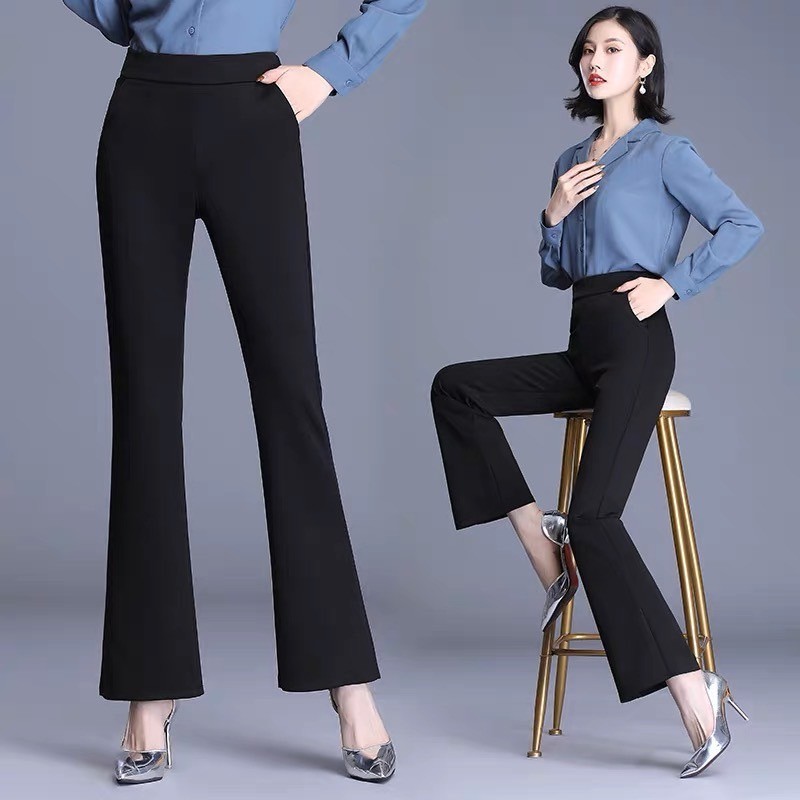 PR-12 กางเกงขายาว กางเกงผู้หญิง สีดำ เอวยางยืด ขากว้าง ใส่ทำงาน เข้ารูปทรงสวย สินค้าพร้อมส่ง